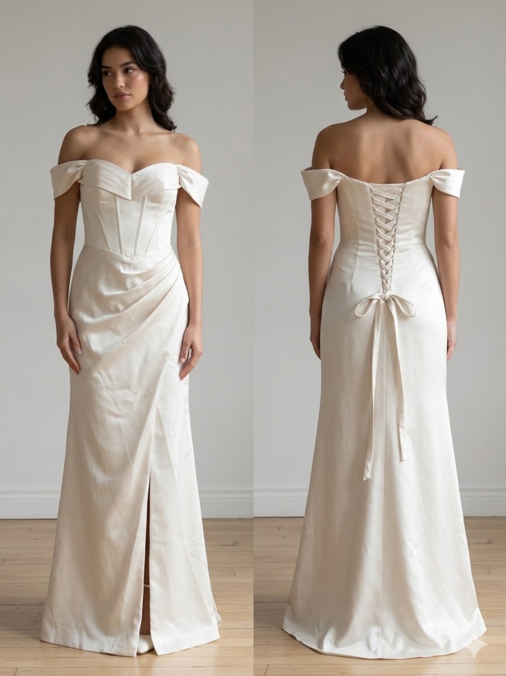 Off-Shoulder Cream Satin Evening Dress with Corset Back